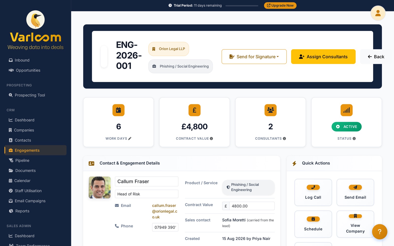 Varloom engagement with assigned consultants, schedule and delivery tracking