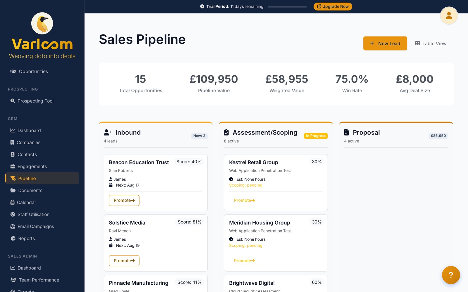 Varloom sales pipeline with deals across qualifying, scoping, proposing and negotiating