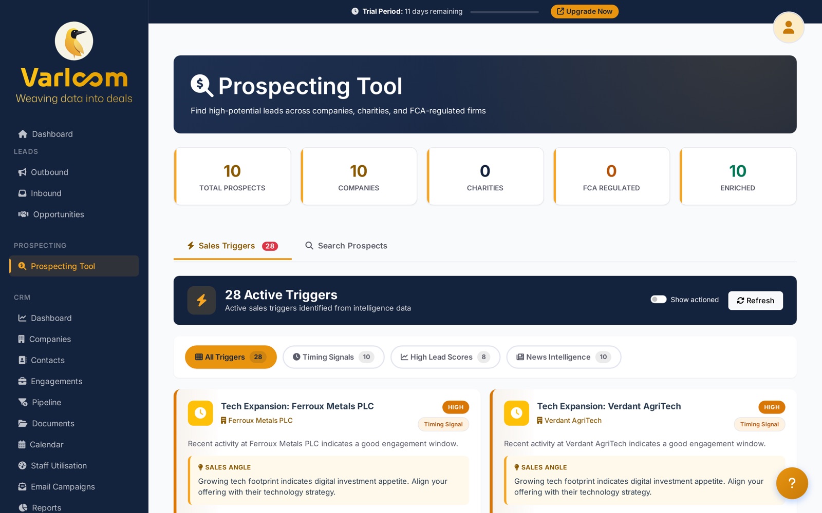 Varloom Prospecting Tool with active sales triggers, timing signals and lead scores